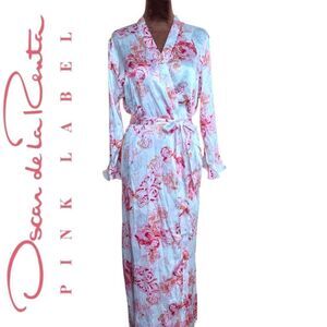Oscar de la Renta Watercolor Rose Satin  Bodoir Lingerie Robe M